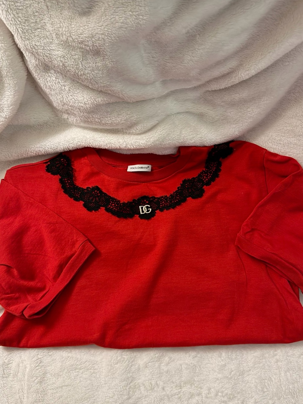 Dolce & Gabbana Kids Red Short Sleeve Tee with Black Lace Necklace Detail